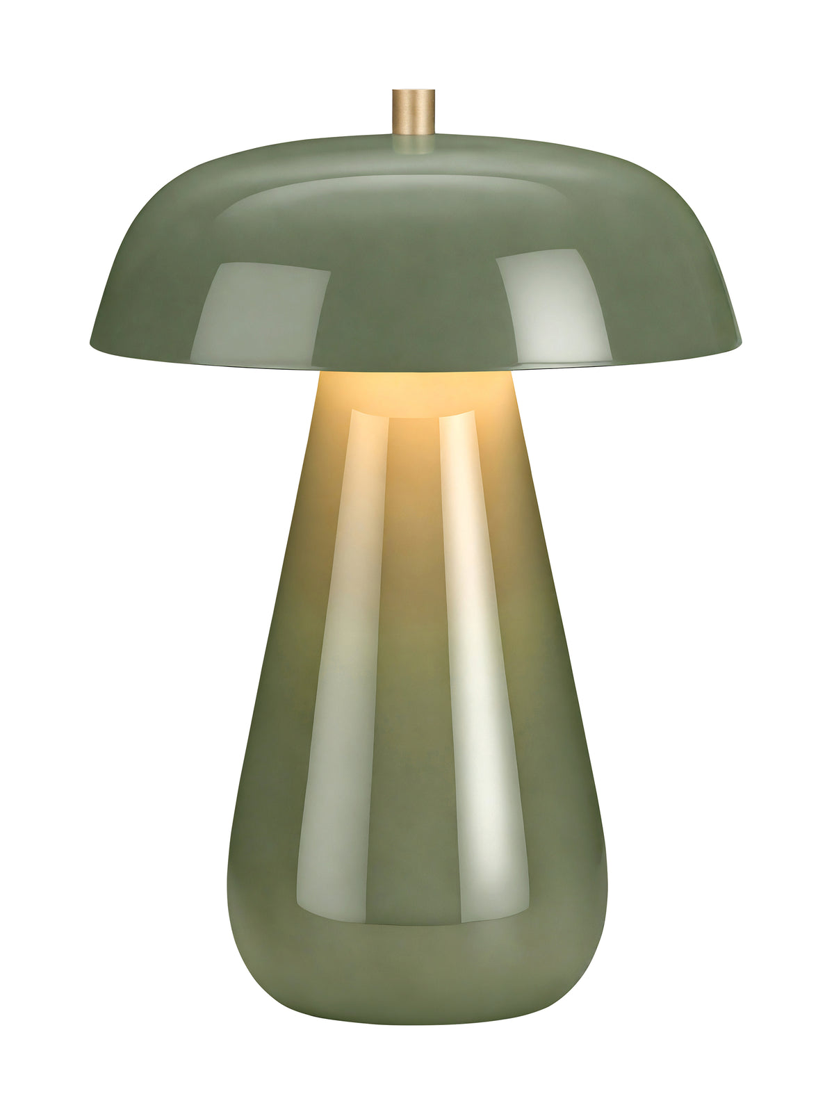 Green dome table lamp switched on, with a yellow glow beneath the shade and reflections down the tapered base.