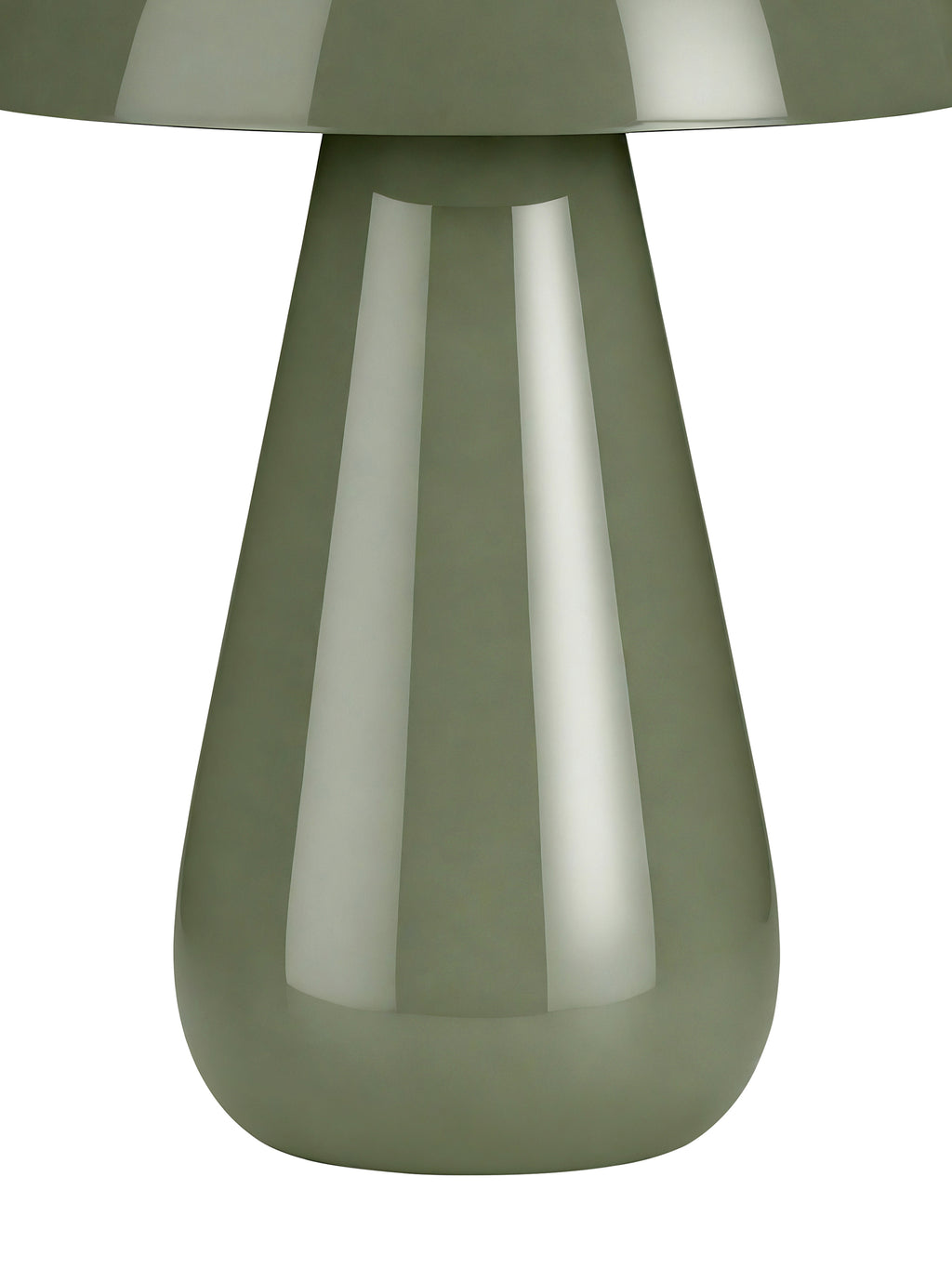 Close view of the glossy green tapered lamp base and rounded foot beneath the edge of the dome shade.