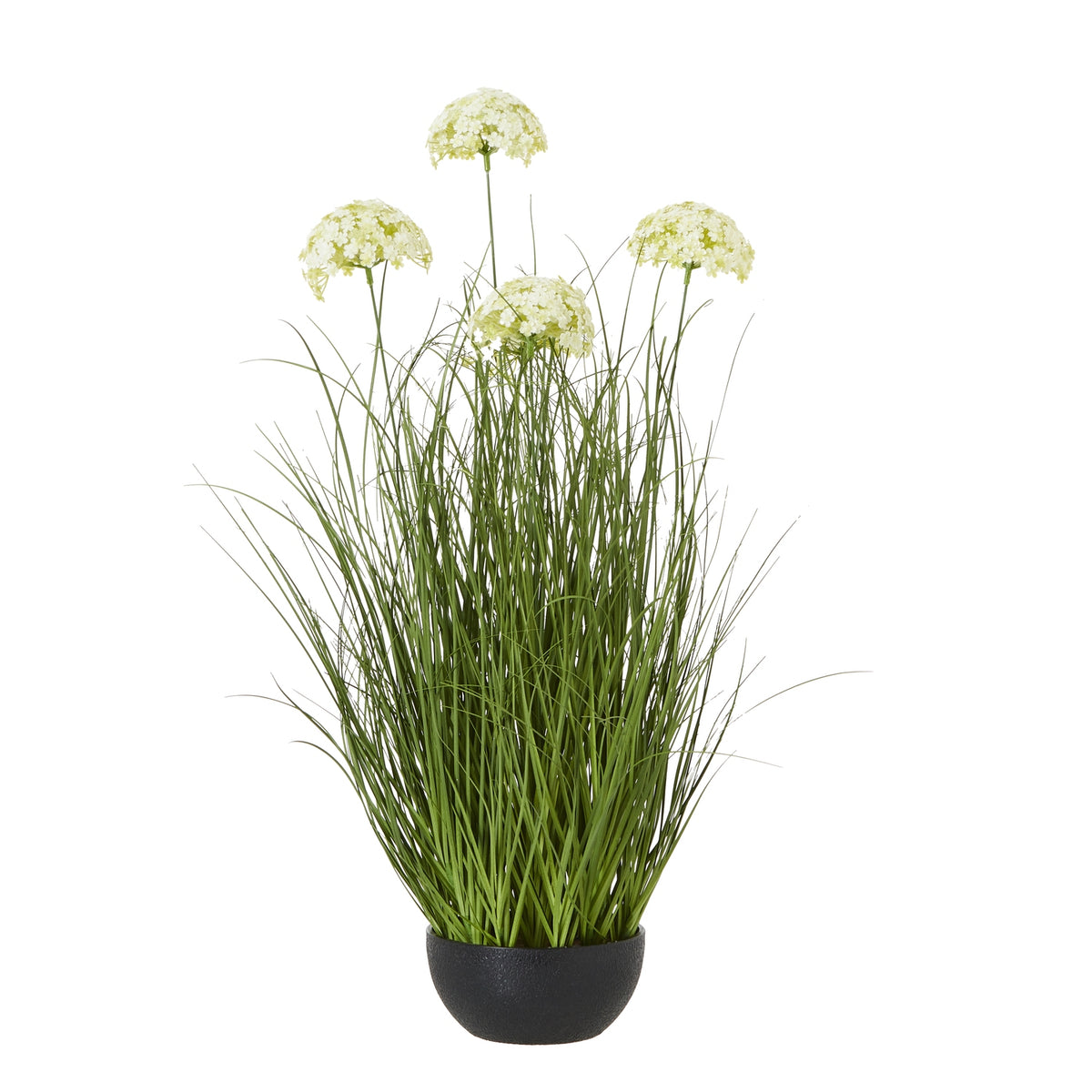 Full view of the artificial arrangement with tall green blades, pale domed flower heads at varied heights and a rounded black pot.