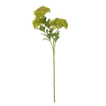 Full view of an artificial botanical spray with a long green branching stem, rounded leaves and domed green bud clusters with pink accents.