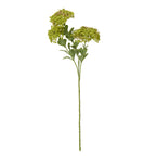 Full view of an artificial botanical spray with a long green branching stem, rounded leaves and domed green bud clusters with pink accents.
