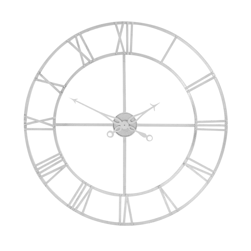 Front view of an open silver-toned wall clock with Roman numerals, domed fasteners and ornate hands on a white background.