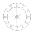 Front view of an open silver-toned wall clock with Roman numerals, domed fasteners and ornate hands on a white background.