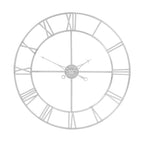 Front view of an open silver-toned wall clock with Roman numerals, domed fasteners and ornate hands on a white background.