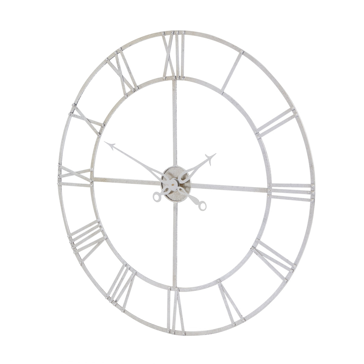 Angled view of the silver-toned clock showing its circular rails, flat numeral bars and cross-shaped centre bracing.