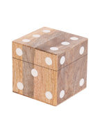 Closed wooden dice box viewed at an angle, showing white dots on the lid and two sides.