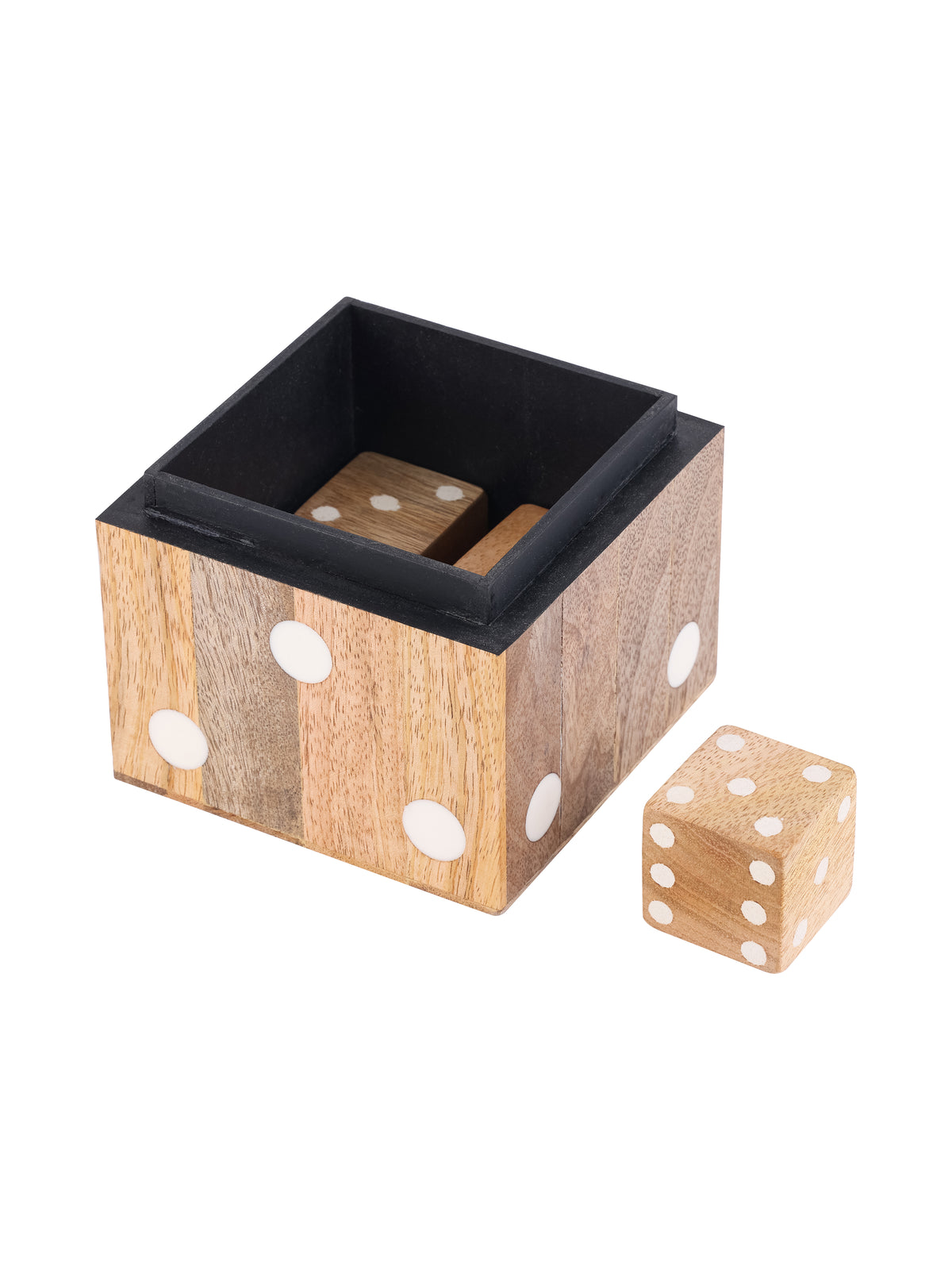 Open dice box showing its dark interior, with wooden dice inside and one die placed beside it.