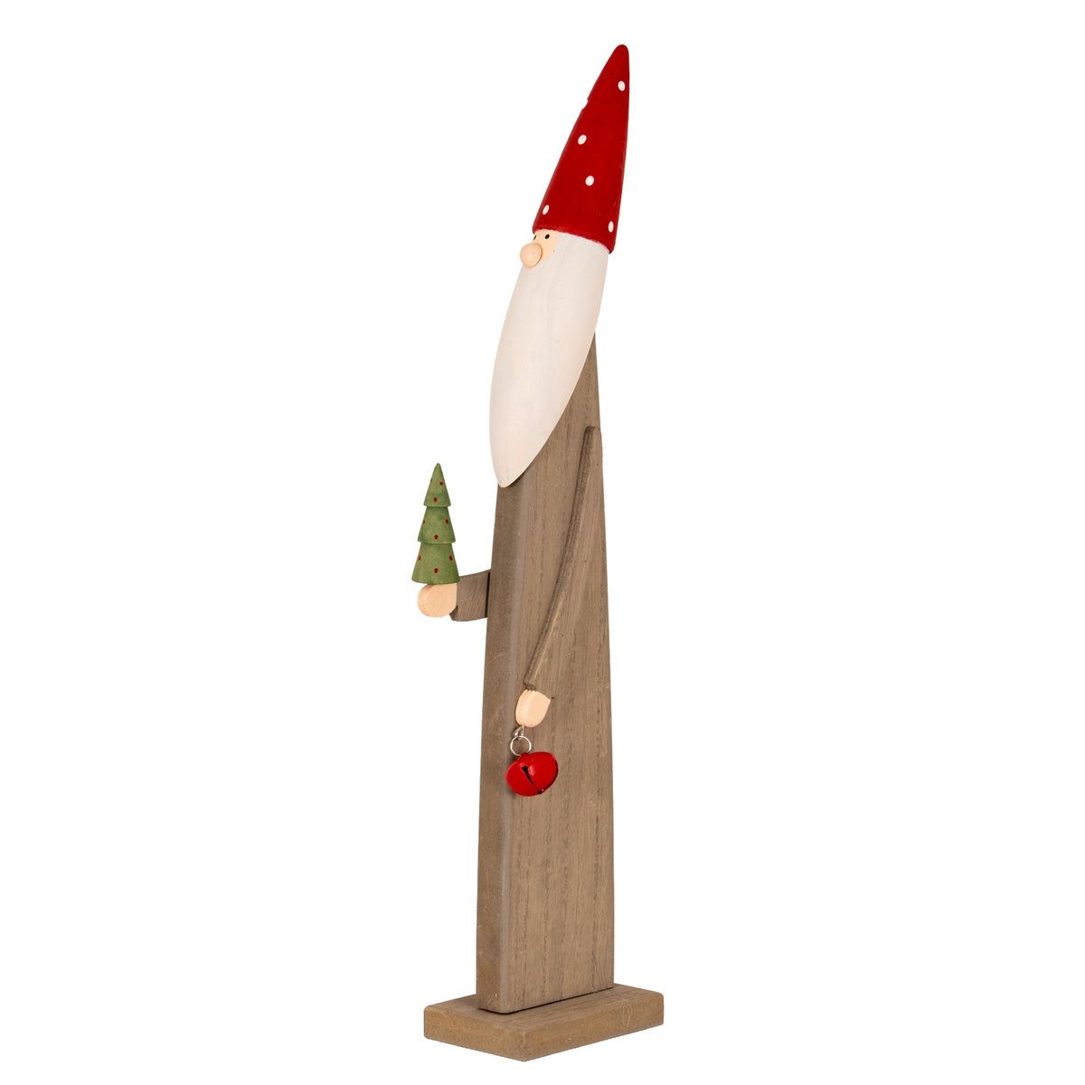 Full view of the tall brown elf decoration on a rectangular base, with a dotted red hat, white beard, green tree and hanging red bell.