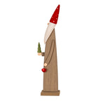 Side view of the slender elf figure showing its long arm, red bell and miniature green tree beneath a pointed spotted hat.