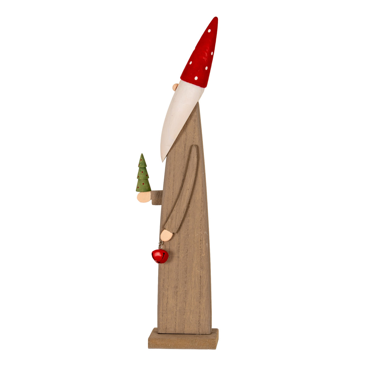 Side view of the slender elf figure showing its long arm, red bell and miniature green tree beneath a pointed spotted hat.