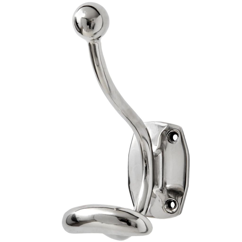 Alternative view of the chrome wall hook, with its curved arms overlapping the backplate and two fixing holes clearly visible on the right.