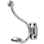 Angled view of a reflective silver-coloured double wall hook, showing a ball-ended upper arm, broad rounded lower end and backplate with four fixing holes.