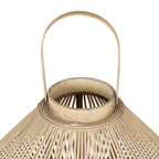 Close view from above of the lantern's arched handle, open circular neck and rings above the spreading slats.