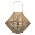 Warm tan candle lantern with a broad double-cone slatted body, tall arched handle and cylindrical holder visible inside.