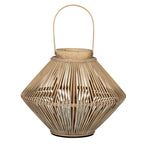Warm tan candle lantern with a broad double-cone slatted body, tall arched handle and cylindrical holder visible inside.