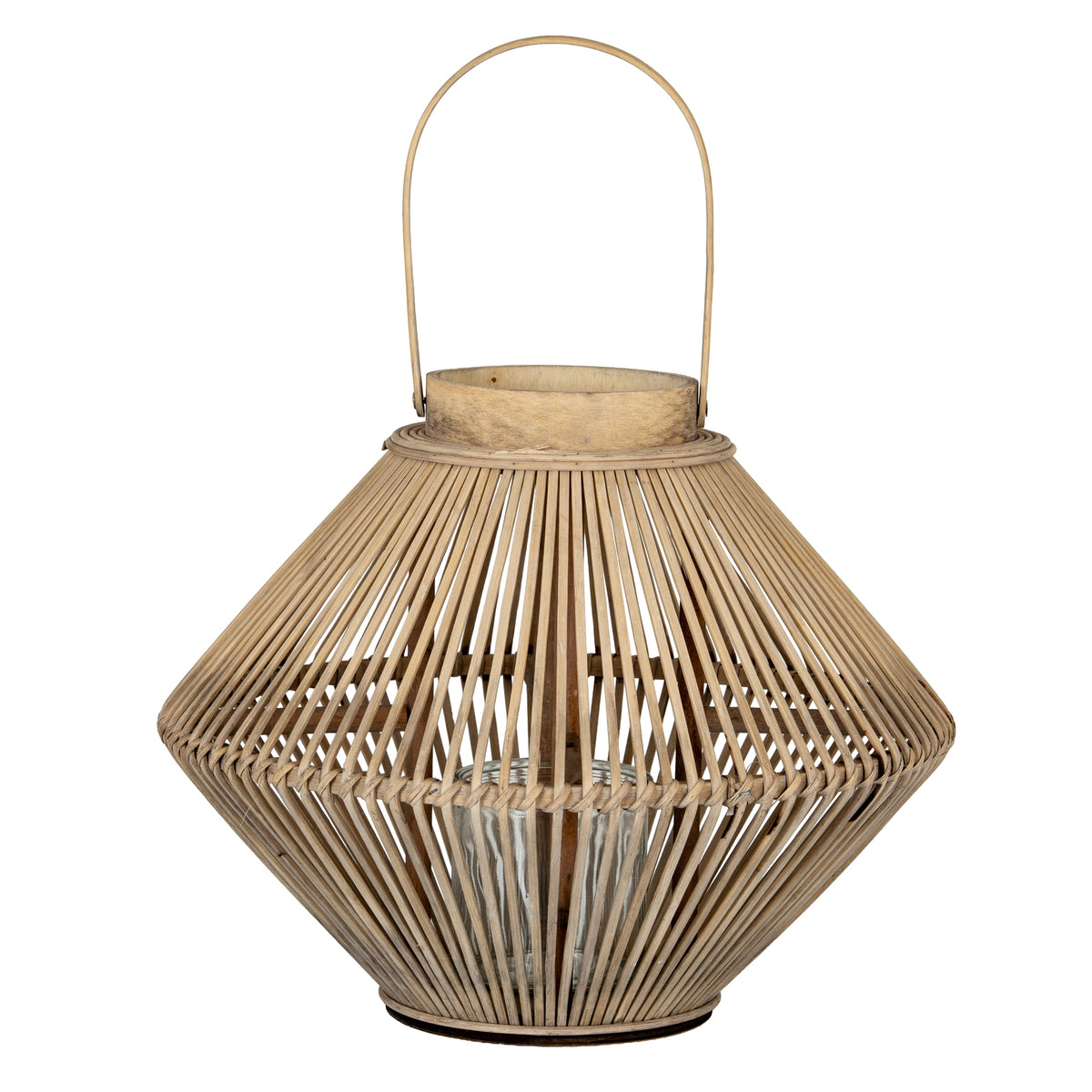 Warm tan candle lantern with a broad double-cone slatted body, tall arched handle and cylindrical holder visible inside.