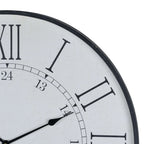 Close-up of the clock's upper right face, showing the worn black rim, fine distressed markings and two rings of numerals.