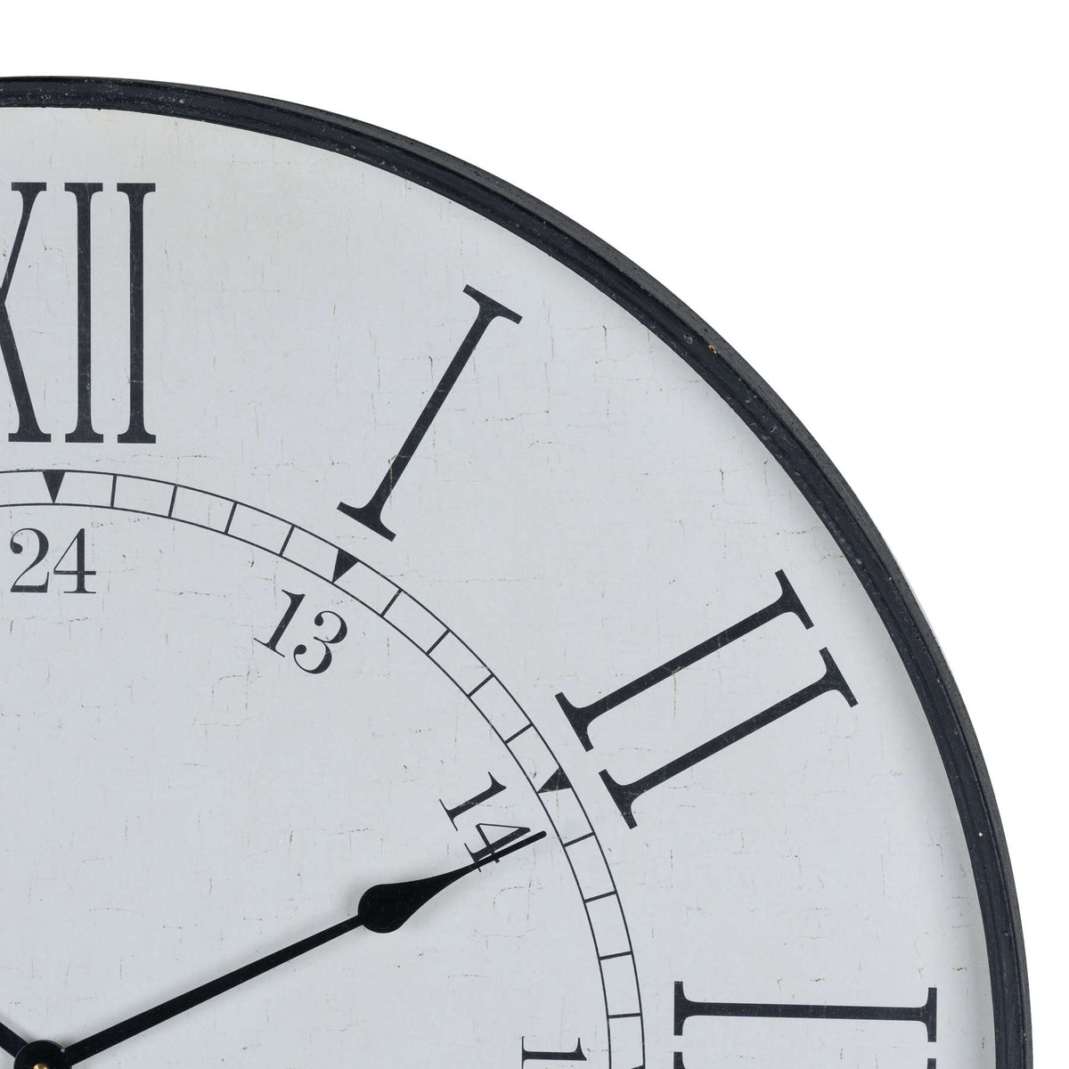 Close-up of the clock's upper right face, showing the worn black rim, fine distressed markings and two rings of numerals.