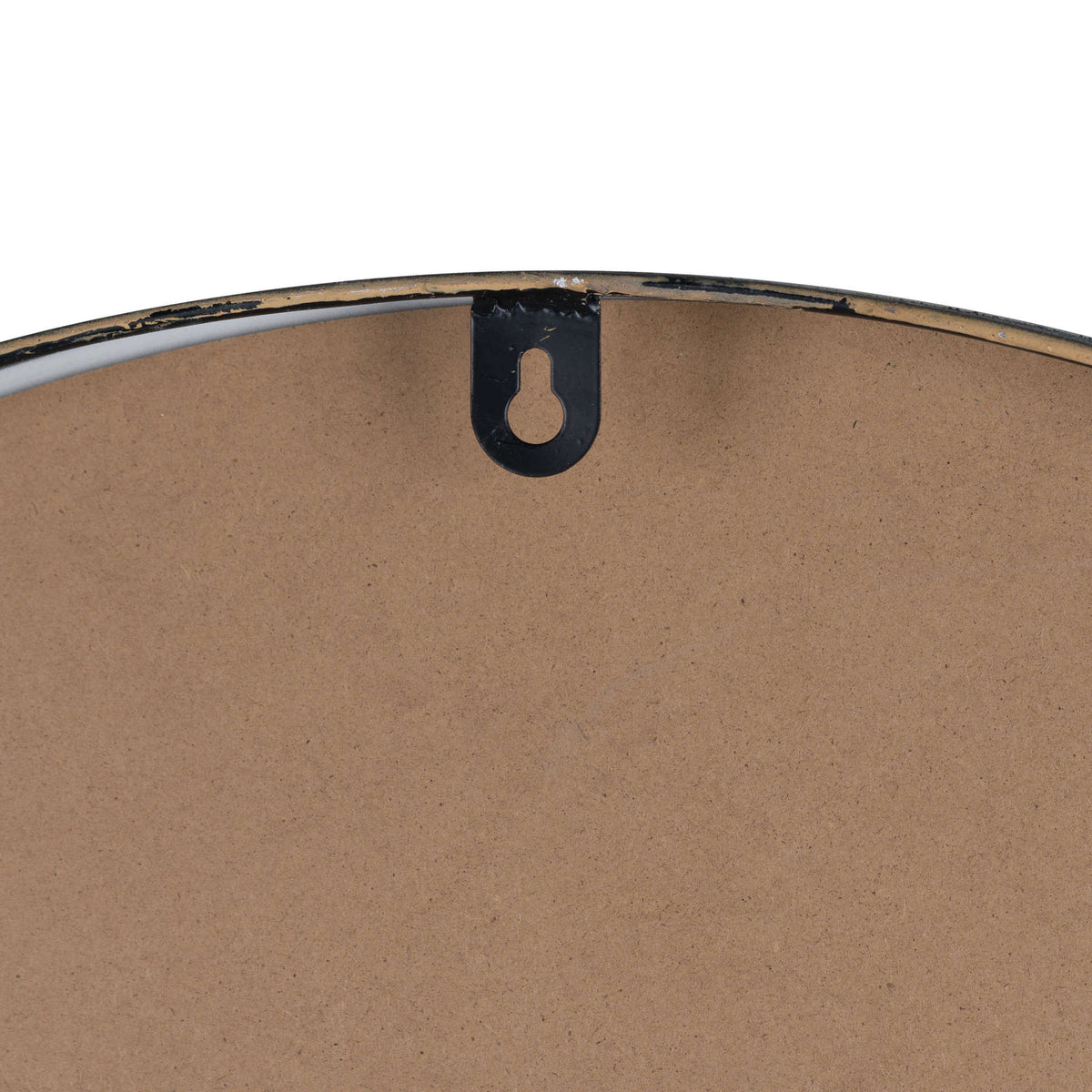 Rear detail of the black keyhole hanging bracket at the clock's curved top edge.