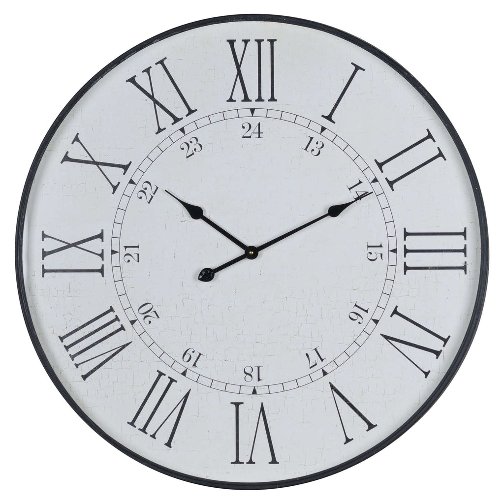 Front view of the round Doublehour Dial Wall Clock with a distressed white face, black rim, Roman numerals and inner 13–24 numerals.