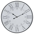 Front view of the round Doublehour Dial Wall Clock with a distressed white face, black rim, Roman numerals and inner 13–24 numerals.
