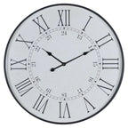 Front view of the round Doublehour Dial Wall Clock with a distressed white face, black rim, Roman numerals and inner 13–24 numerals.