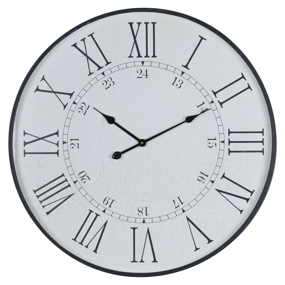 Front view of the round Doublehour Dial Wall Clock with a distressed white face, black rim, Roman numerals and inner 13–24 numerals.