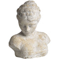 Full view of a cream-beige female bust with a bowed head, swept hair and mottled white surface against a white background.