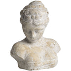 Full view of a cream-beige female bust with a bowed head, swept hair and mottled white surface against a white background.