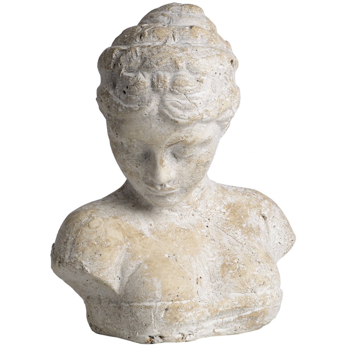 Full view of a cream-beige female bust with a bowed head, swept hair and mottled white surface against a white background.