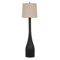 Full view of a dark charcoal floor lamp with a long narrow neck, widened rounded base and pale grey-beige tapered shade against a white background.