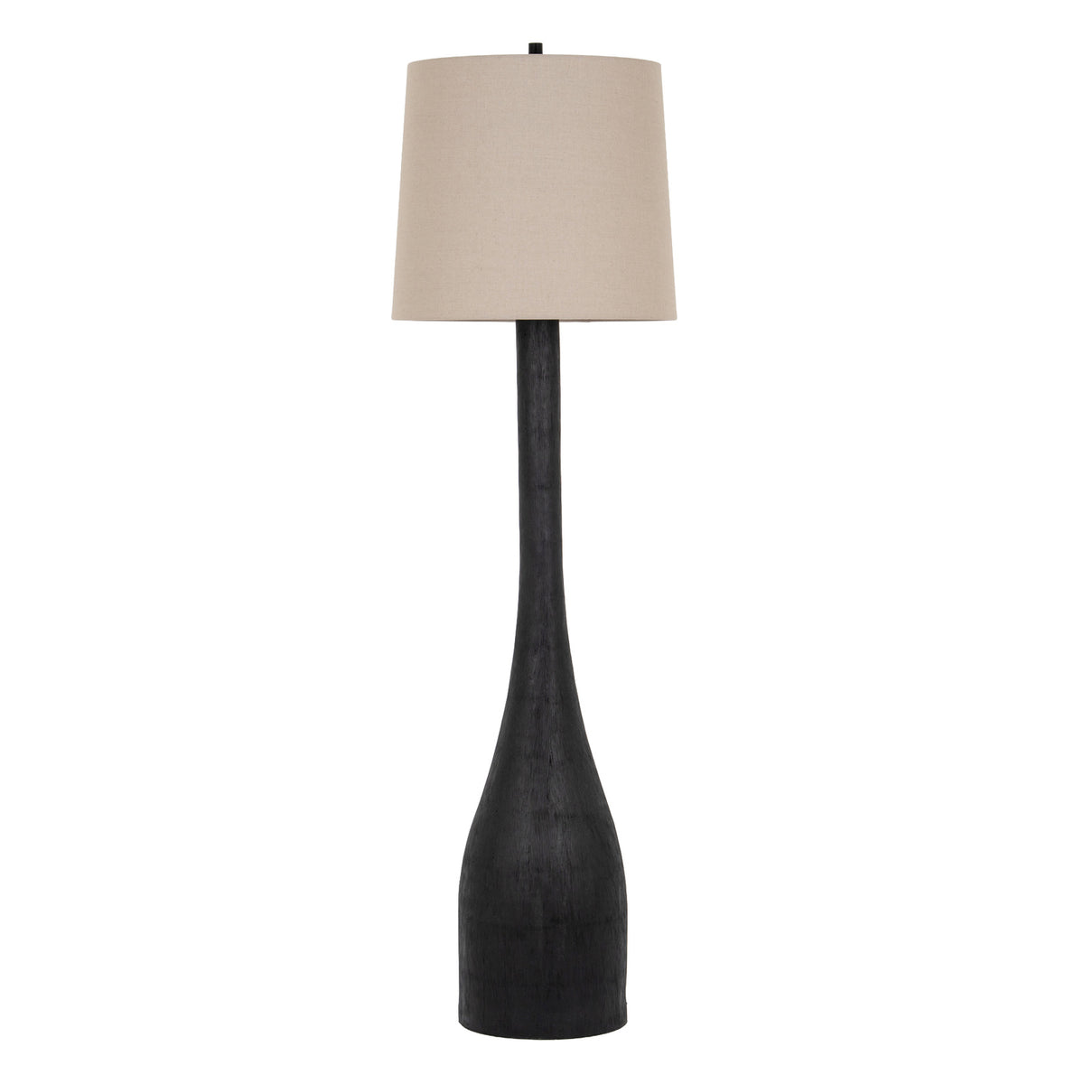 Full view of a dark charcoal floor lamp with a long narrow neck, widened rounded base and pale grey-beige tapered shade against a white background.
