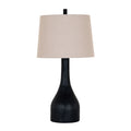 Black table lamp with a rounded lower body, long narrow neck and fine vertical texture, beneath a pale grey-beige tapered shade and black cylindrical finial.