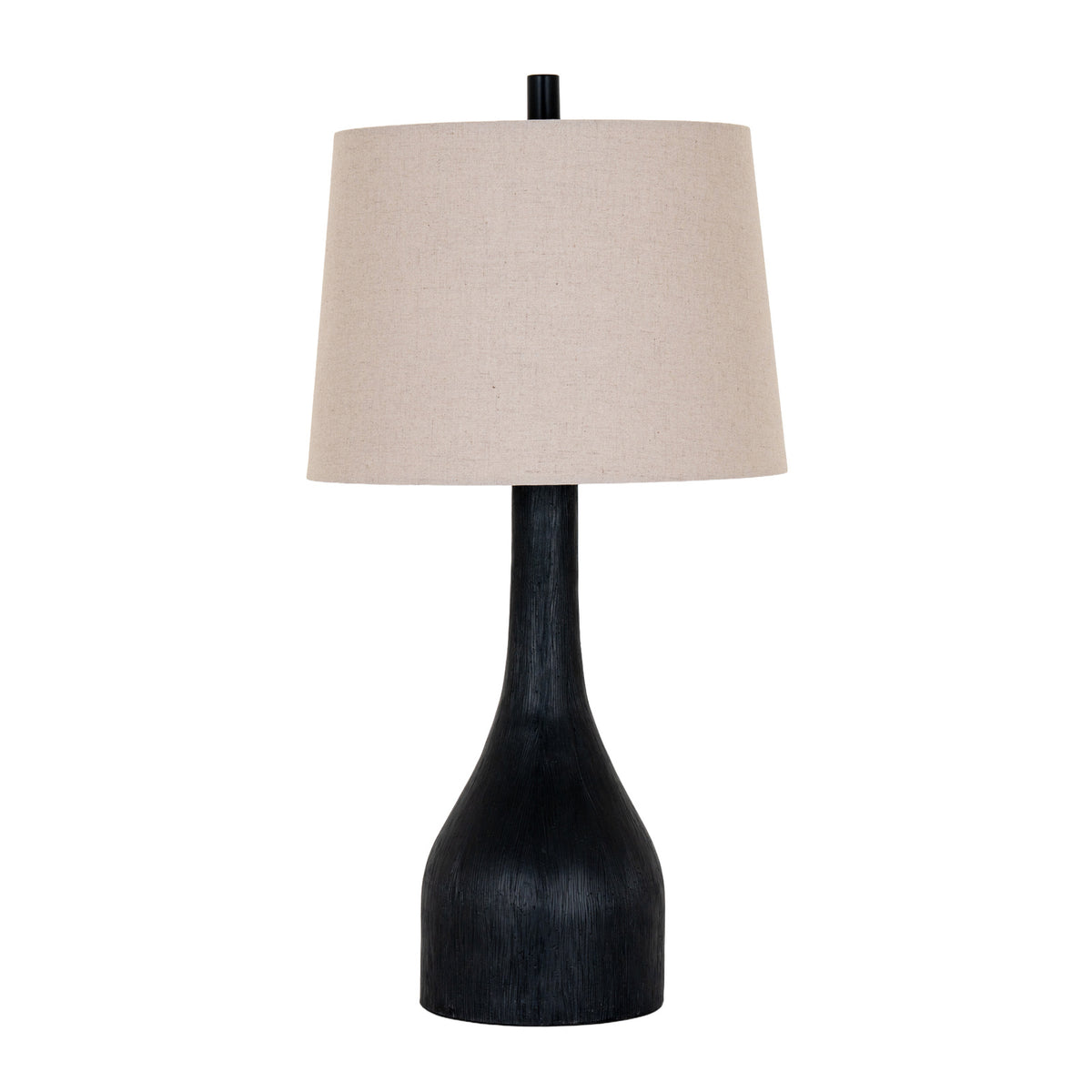 Black table lamp with a rounded lower body, long narrow neck and fine vertical texture, beneath a pale grey-beige tapered shade and black cylindrical finial.