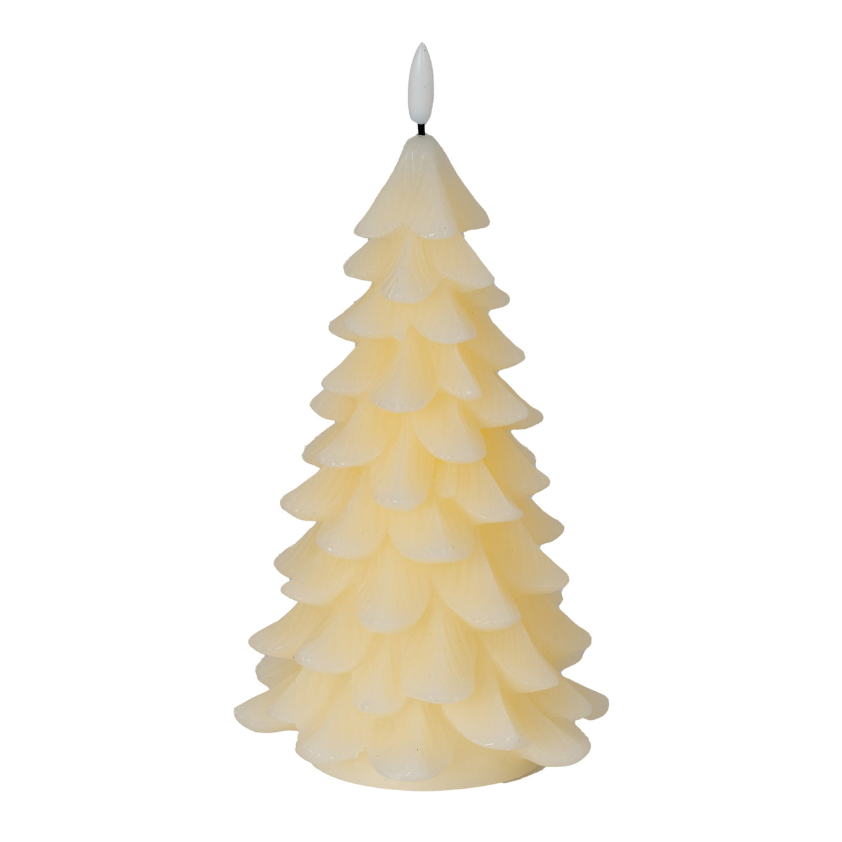 Cream tree-shaped LED candle with overlapping drooping branch tiers and a white flame-shaped tip against a white background.