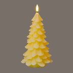 Cream tree-shaped LED candle shown illuminated against a grey background, with a bright flame-shaped tip above the layered branches.