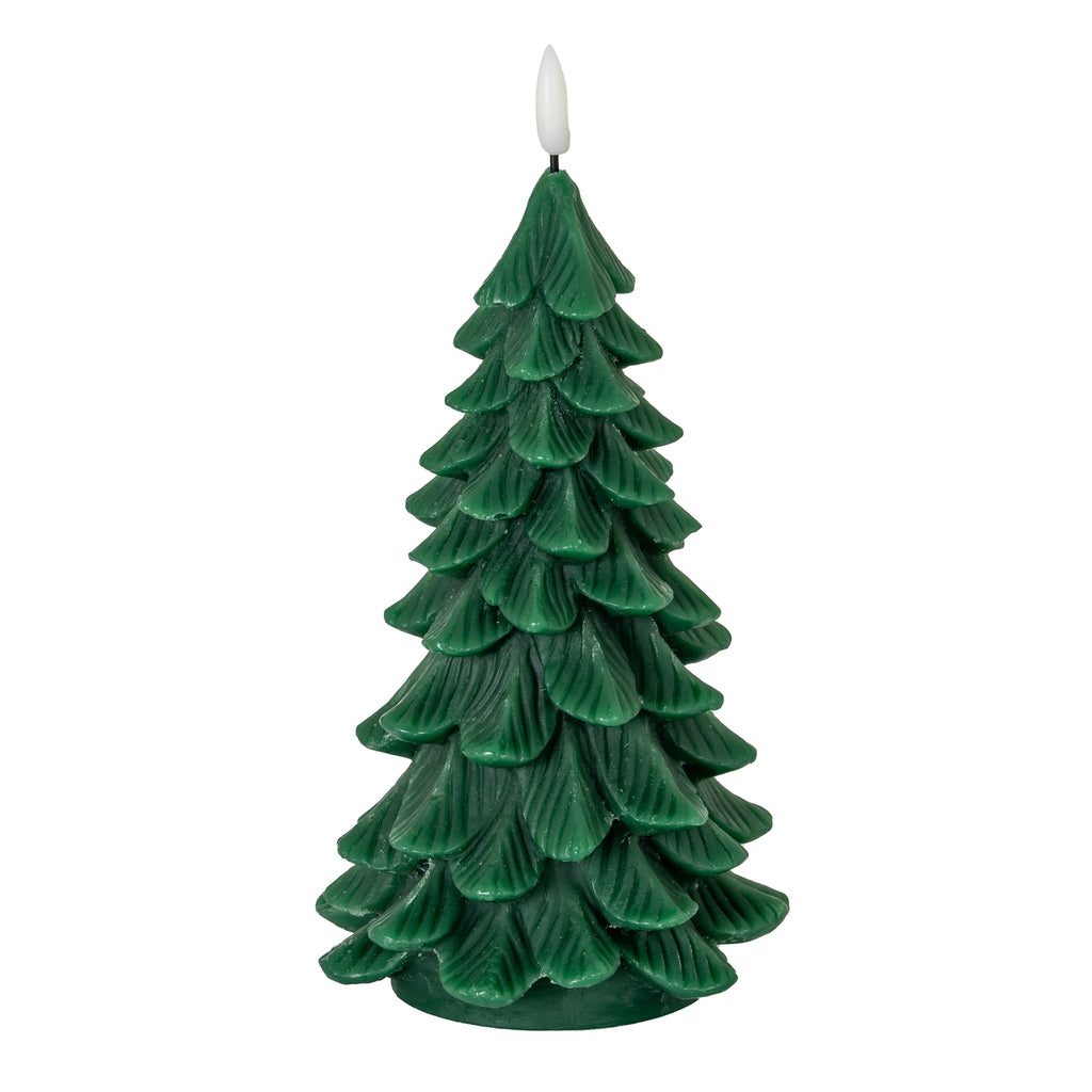 Dark-green tree-shaped LED candle on a white background, with ridged overlapping branches, a circular base and a white flame-shaped tip.