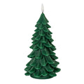 Dark-green tree-shaped LED candle on a white background, with ridged overlapping branches, a circular base and a white flame-shaped tip.