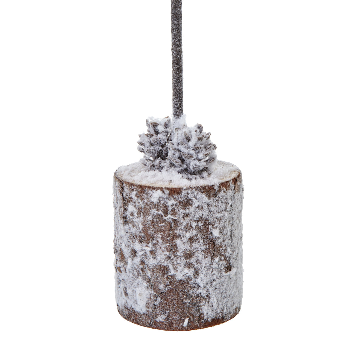 Detail of brown cones clustered around the dark trunk on a cylindrical bark-like base with a textured white snow effect.