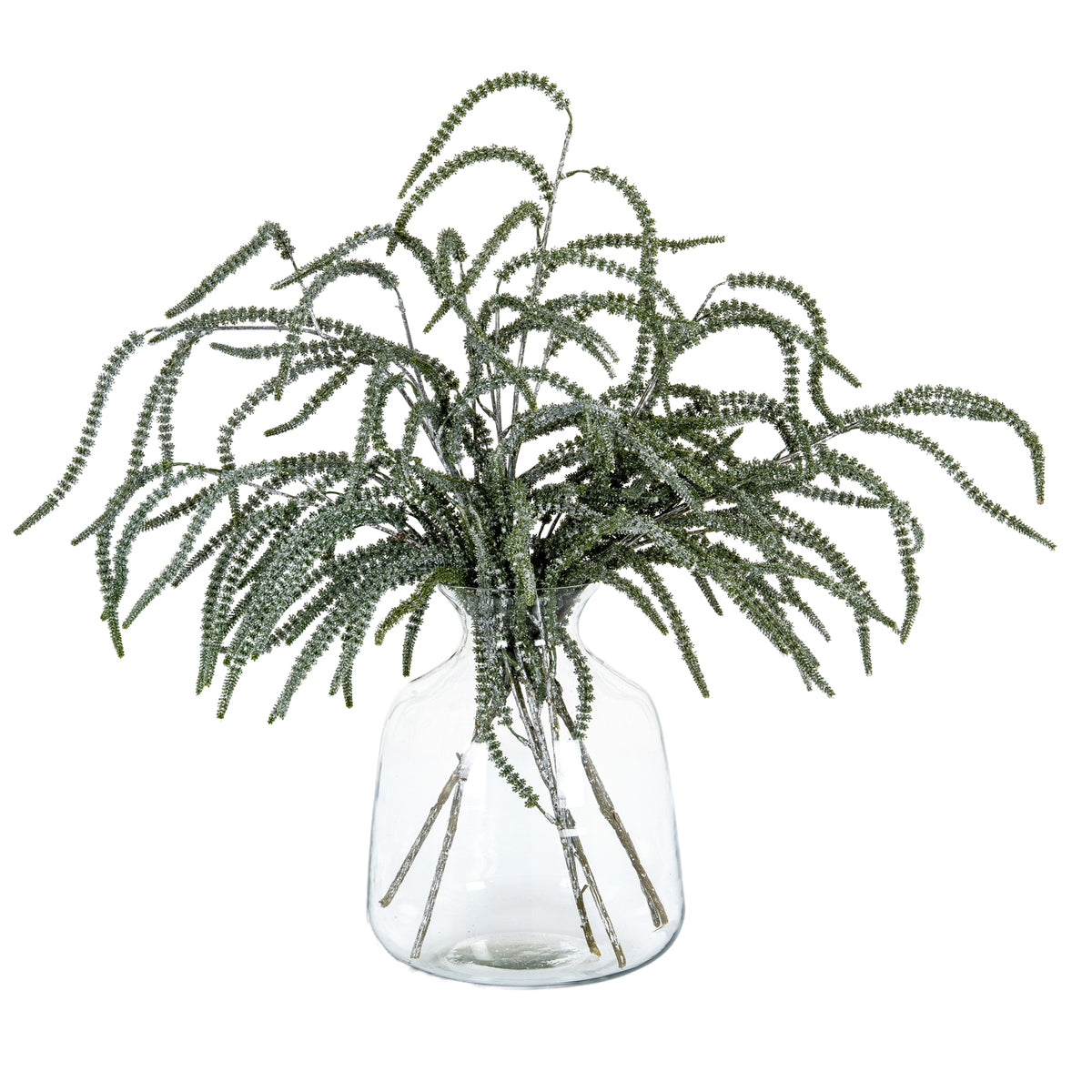 Silver-finished artificial amaranthus stems arranged in a clear vase, with green fronds cascading outwards against white.