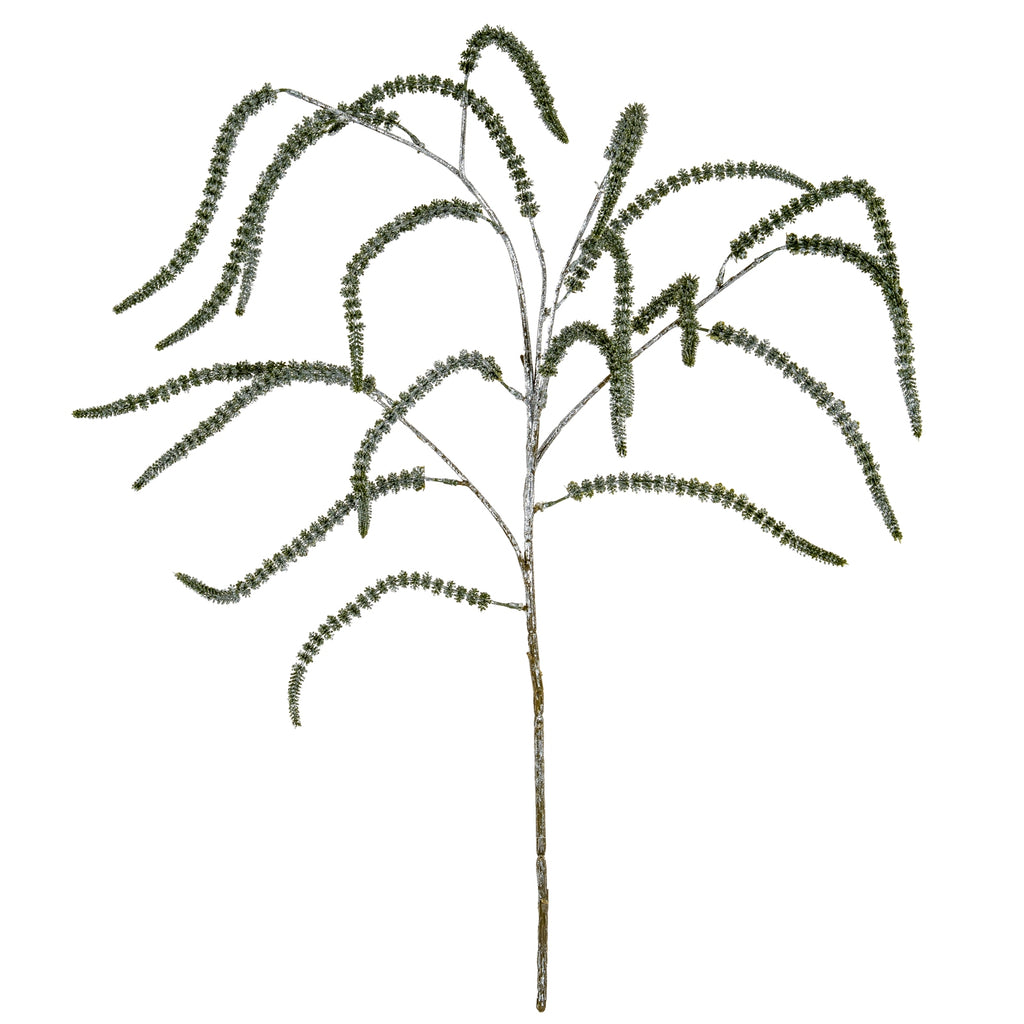 Artificial amaranthus stem with branching silver-coloured stems and narrow drooping green fronds against white.