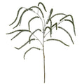 Artificial amaranthus stem with branching silver-coloured stems and narrow drooping green fronds against white.