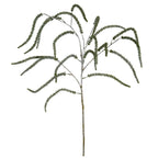 Artificial amaranthus stem with branching silver-coloured stems and narrow drooping green fronds against white.
