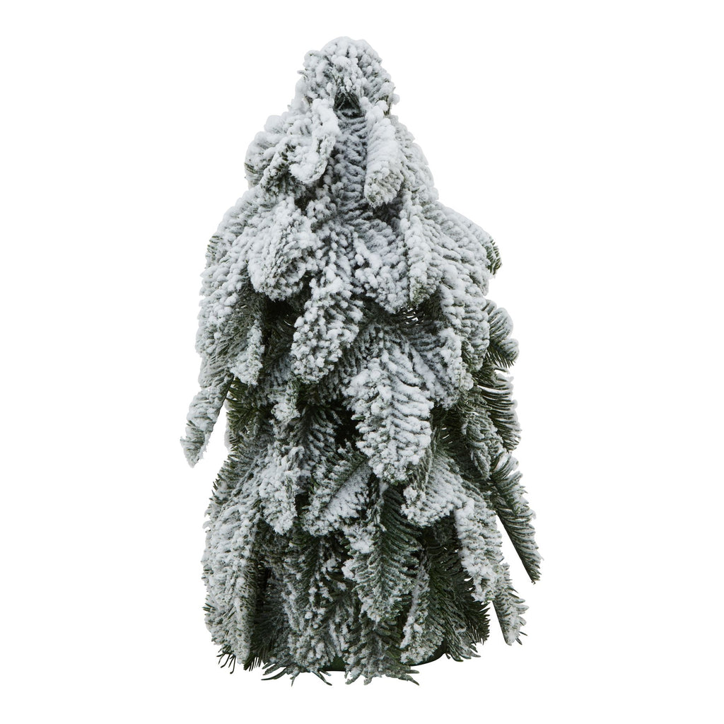Full view of a tapered green tree decoration with drooping branches heavily coated in white snow effect.
