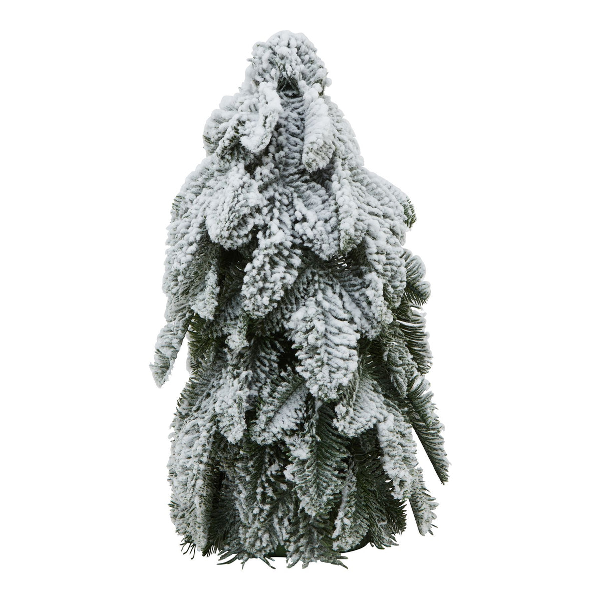 Full view of a tapered green tree decoration with drooping branches heavily coated in white snow effect.