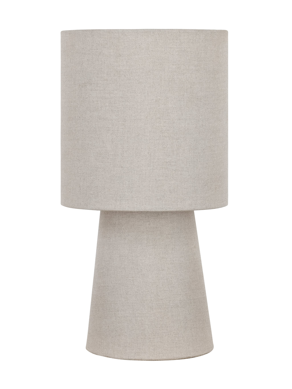 Unlit beige linen table lamp with a cylindrical drum shade and tapered cone base against a white background.