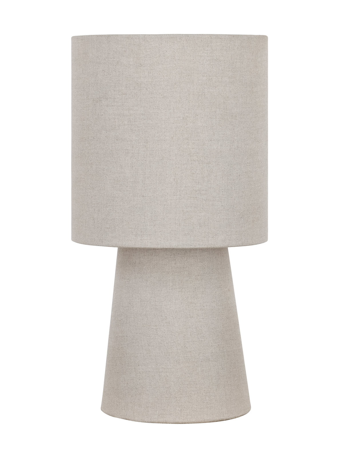 Unlit beige linen table lamp with a cylindrical drum shade and tapered cone base against a white background.