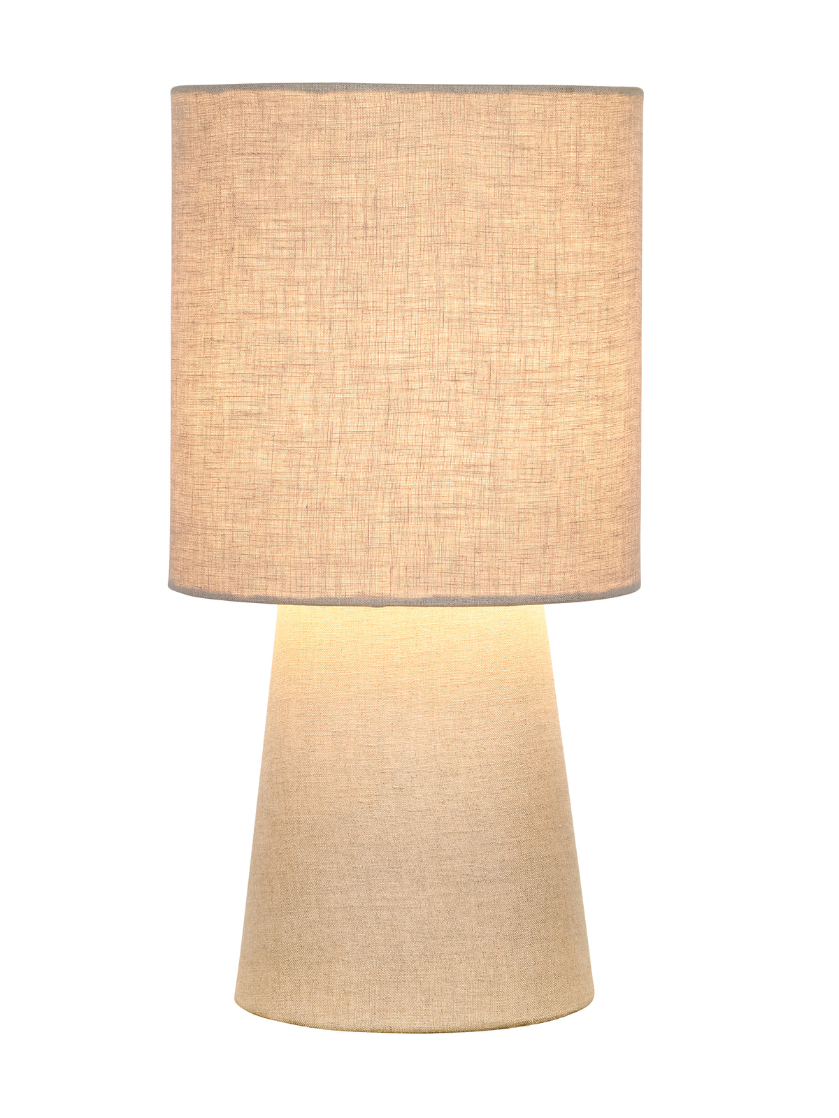 Table lamp switched on, with a warm glow revealing the woven texture of its cylindrical linen shade above a tapered base.