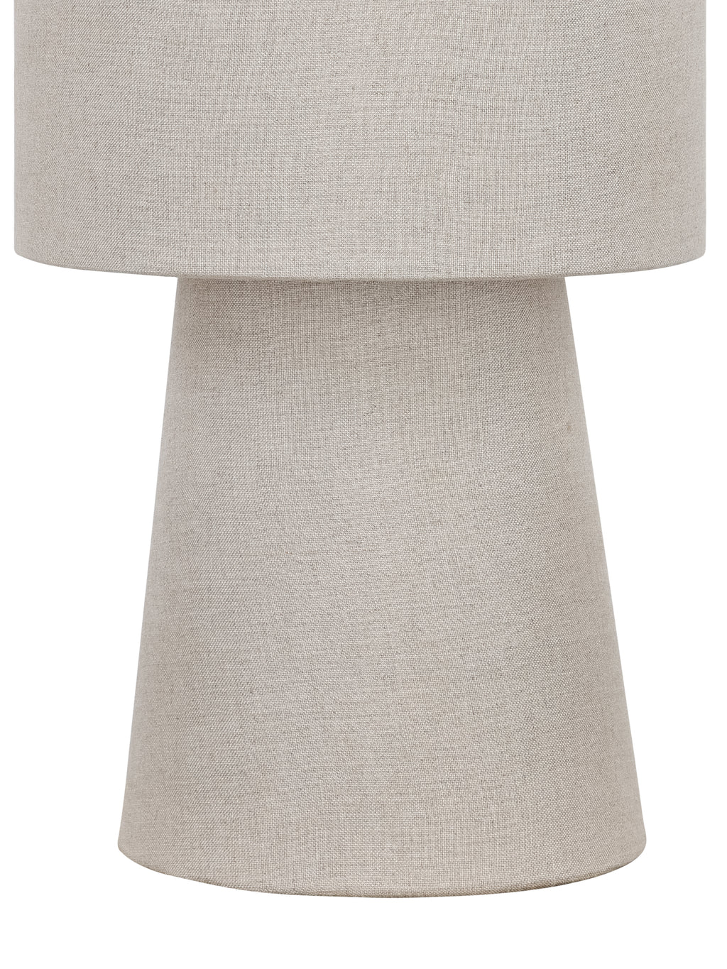 Close view of the linen-covered cone base and lower edge of the drum shade, showing the beige woven finish.