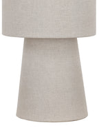 Close view of the linen-covered cone base and lower edge of the drum shade, showing the beige woven finish.